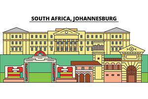 South Africa, Johannesburg. City Skyline, Architecture, Buildings, Streets, Silhouette, Landscape, Panorama, Landmarks. Editable Strokes. Flat Design 