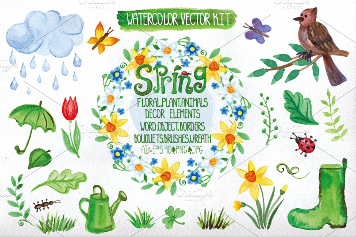 Watercolor spring big set.Vector, an Illustration by Tatianakost49