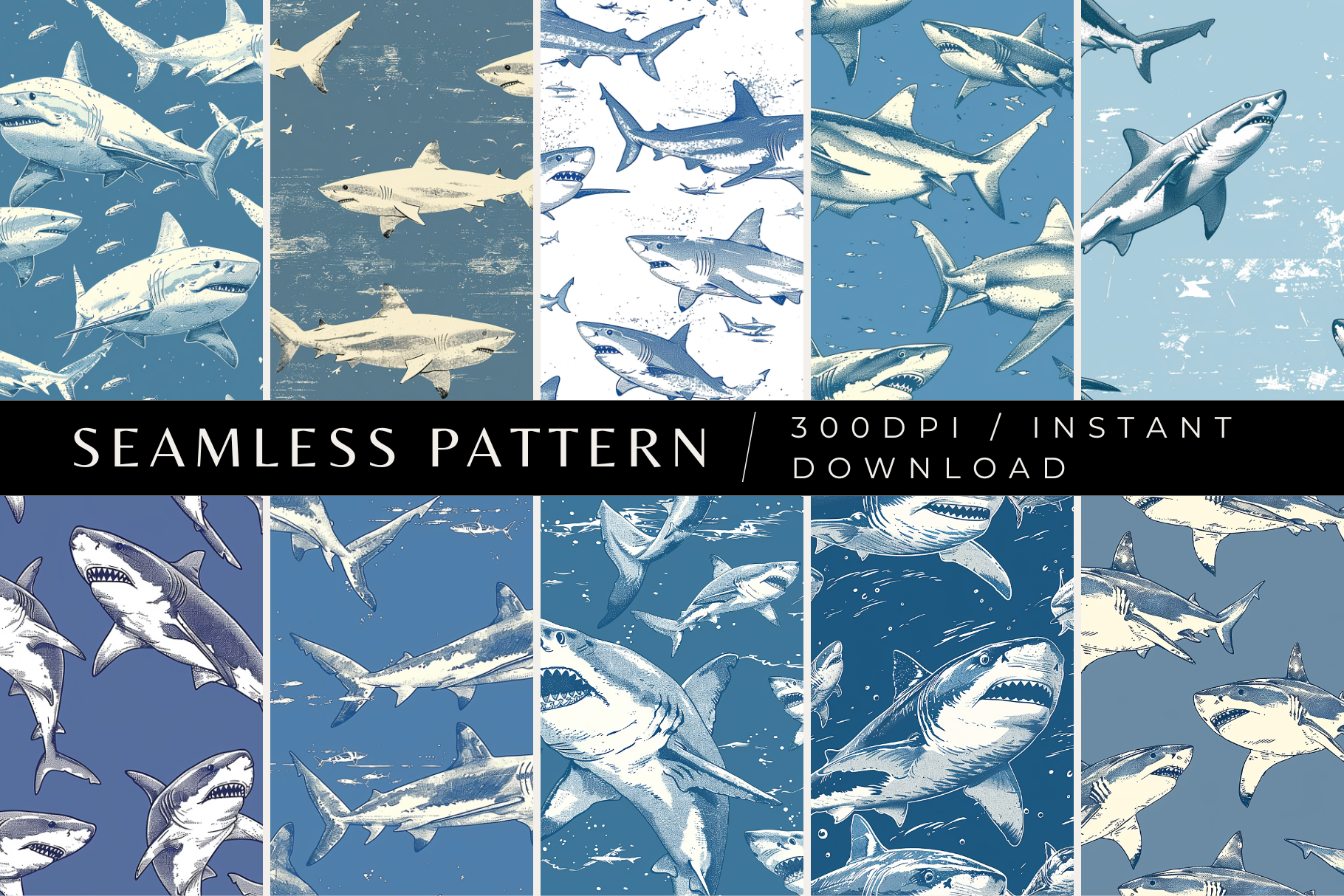 10 Circling Sharks Seamless Patterns, a Pattern Graphic by Inknfolly