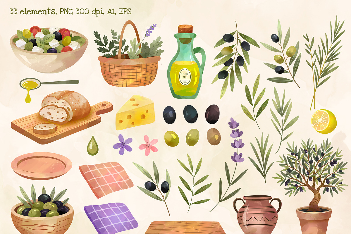 Watercolor Olives, Herbs and Food, an Illustration by Hanna's ArtLab (Photo 2 of 7)