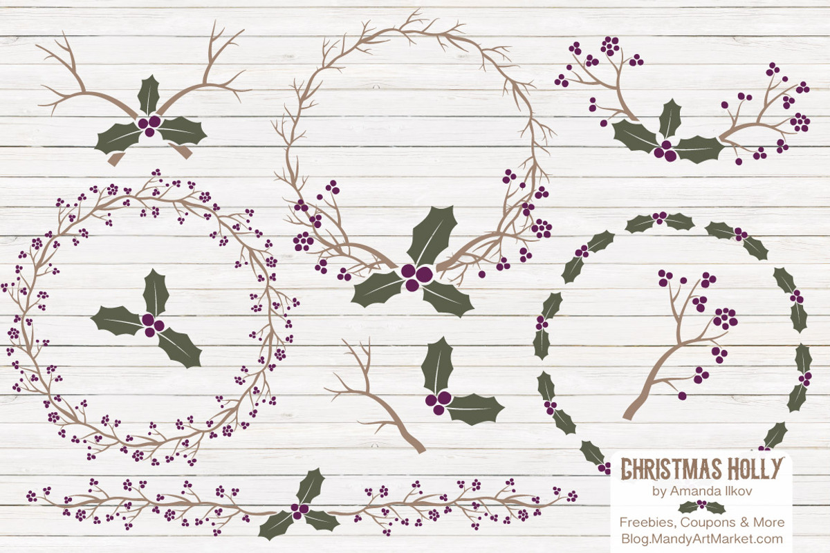 Plum Christmas Holly Vectors, an Illustration by Amanda Ilkov (Photo 1 of 5)