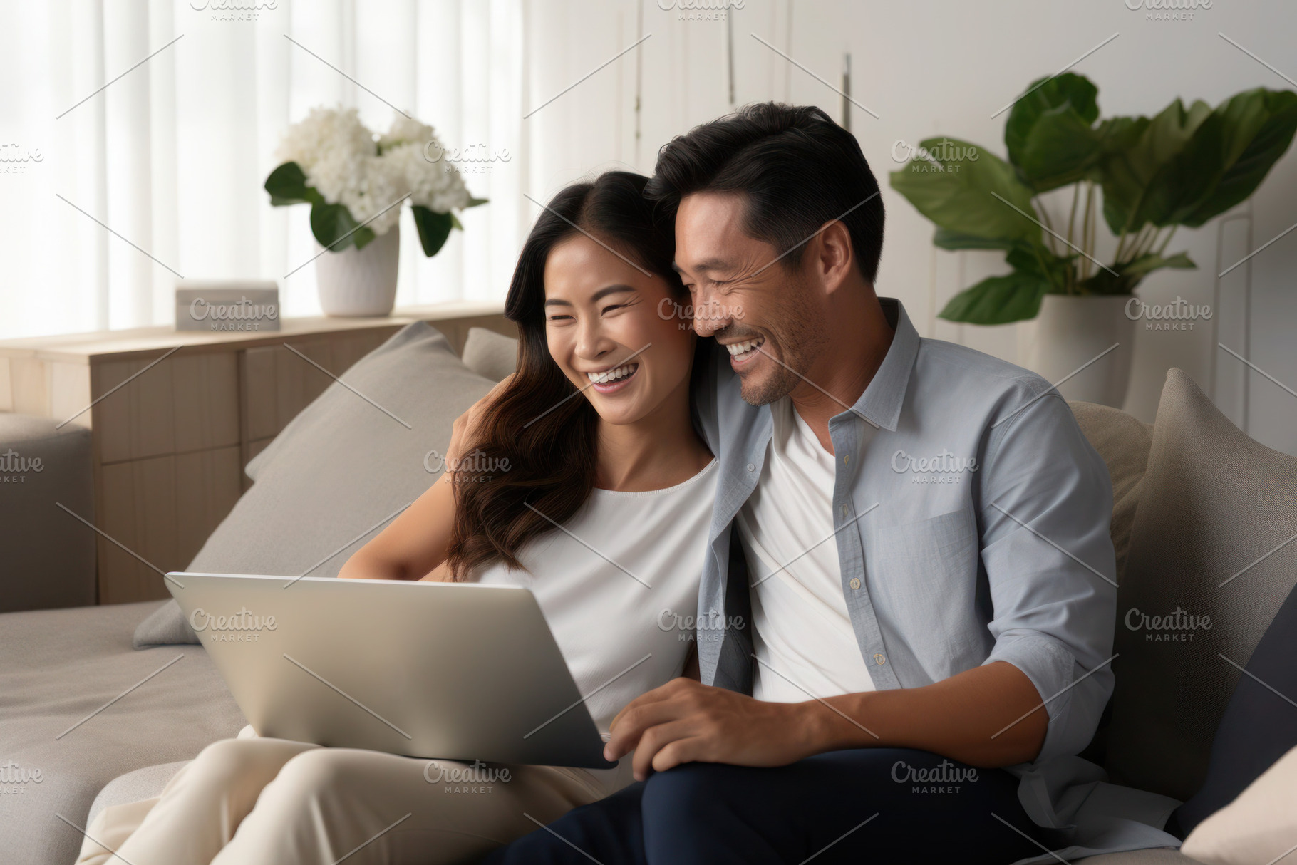 Young couple in love using a laptop while sitting on sofa, a Person Photo by Antonina Vlasova