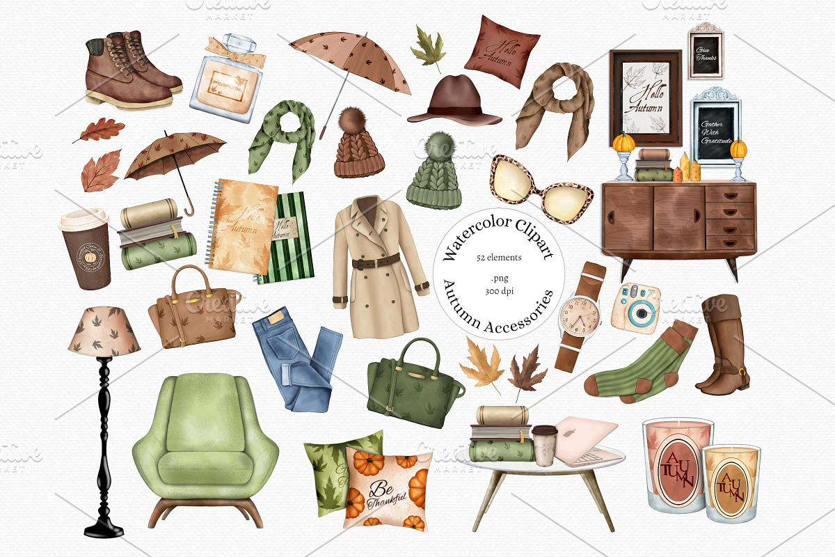 Watercolor Fall Essentials Clipart, an Illustration by MiracleArtAndDesign (Photo 1 of 5)