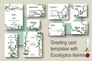 Invitations with eucalyptus leaves, an Invitation Template by Digital illustration shop