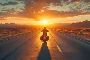 Motorcycle ride at sunset: A rider h, a Photo by Pixeness Studio
