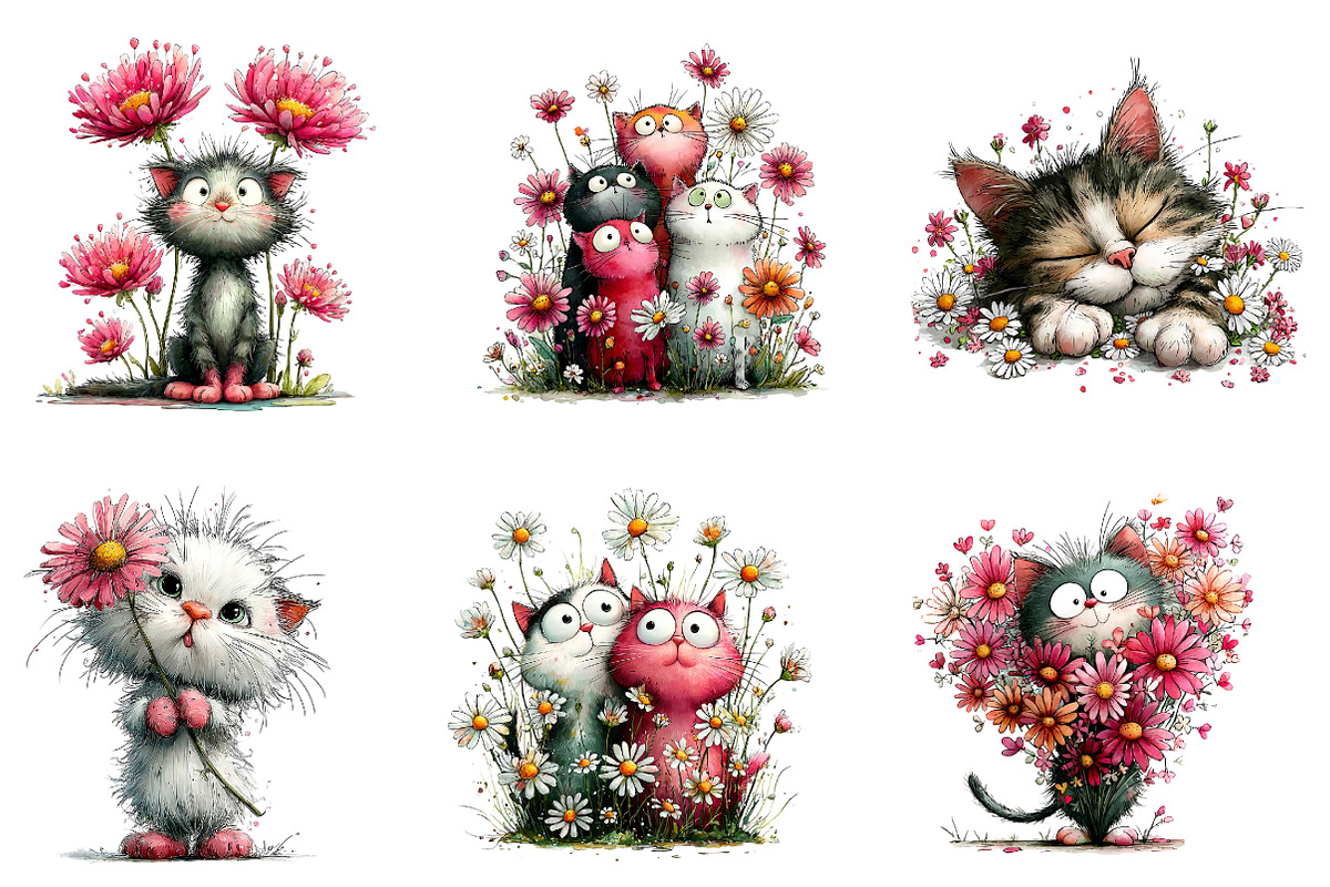 Whimsical Daisy Flowers Cat Clipart, an Illustration by Dream Creation (Photo 6 of 8)
