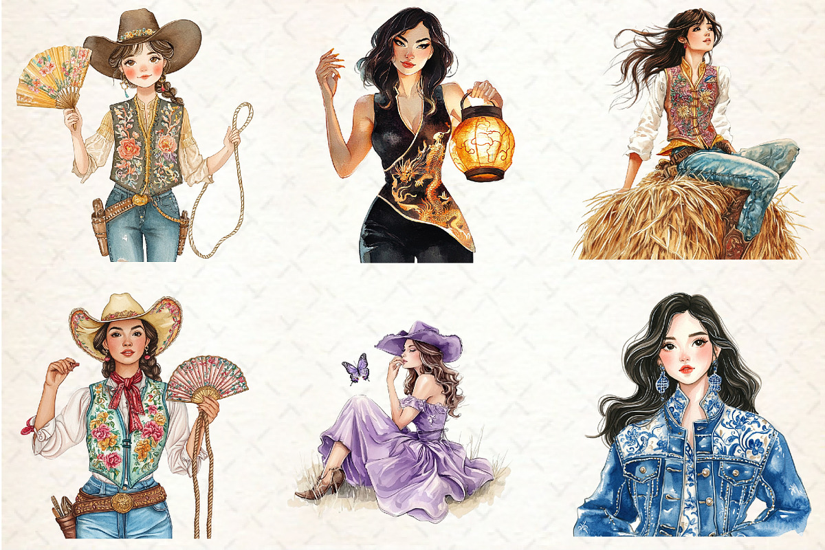 Chinoiserie Cowgirl Coquette Clipart, an Illustration by Rose Art (Photo 4 of 4)