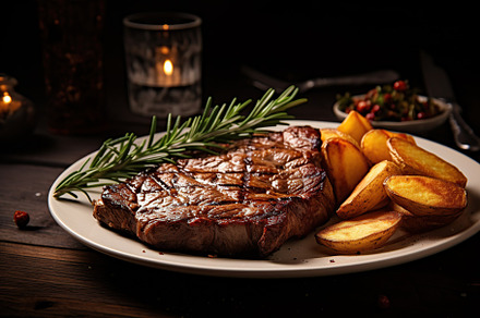 Grilled meat steak with fried potatoes and rosemary in plate on wooden backgrou, a Food & Drink Photo by AlyaAnd