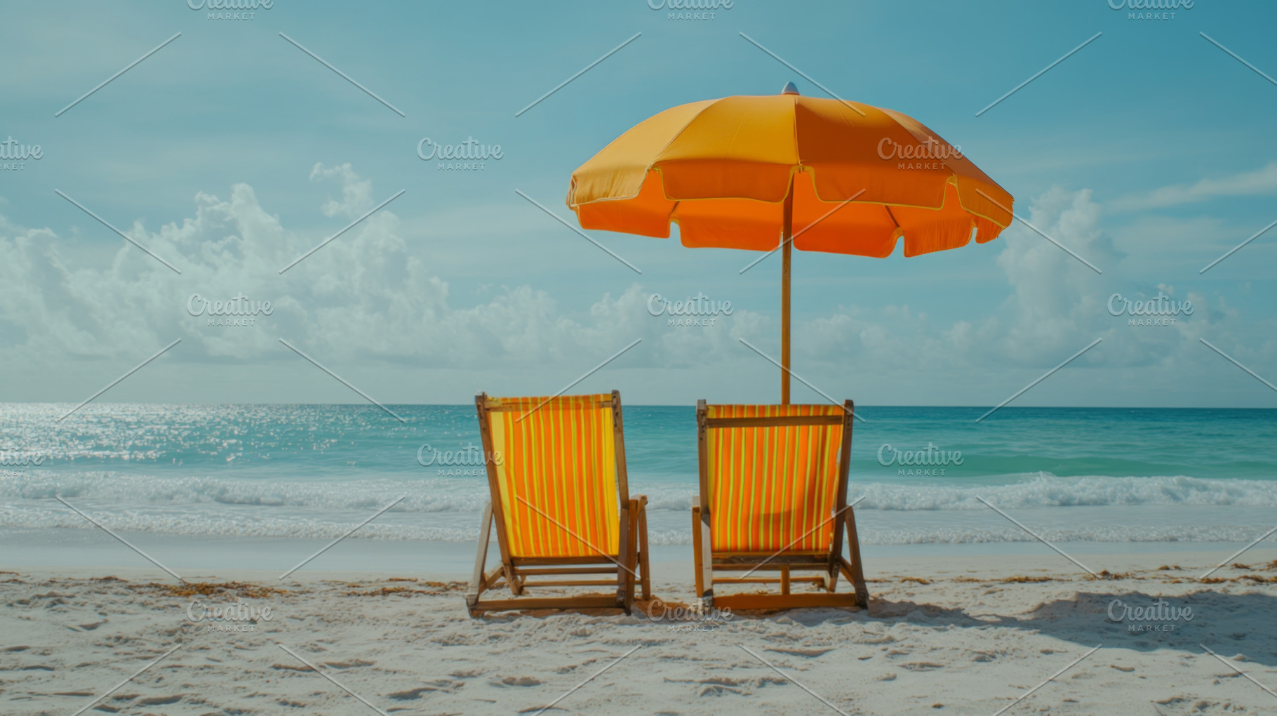 Tropical Beach Chairs and Umbrella by the Ocean Shore, an Abstract Photo by Natalia Klenova's Shop