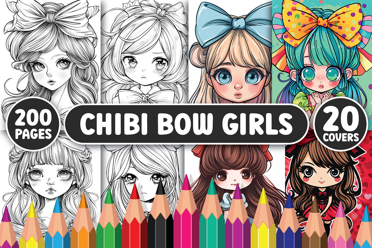 200 Chibi Bow Girls Coloring Pages, an Illustration by BrightMart