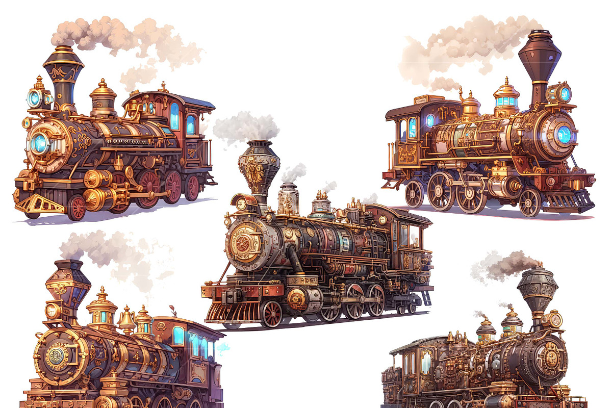 Watercolor Vector Steampunk Trains, a Transportation Illustration by Design Scotch (Photo 4 of 7)