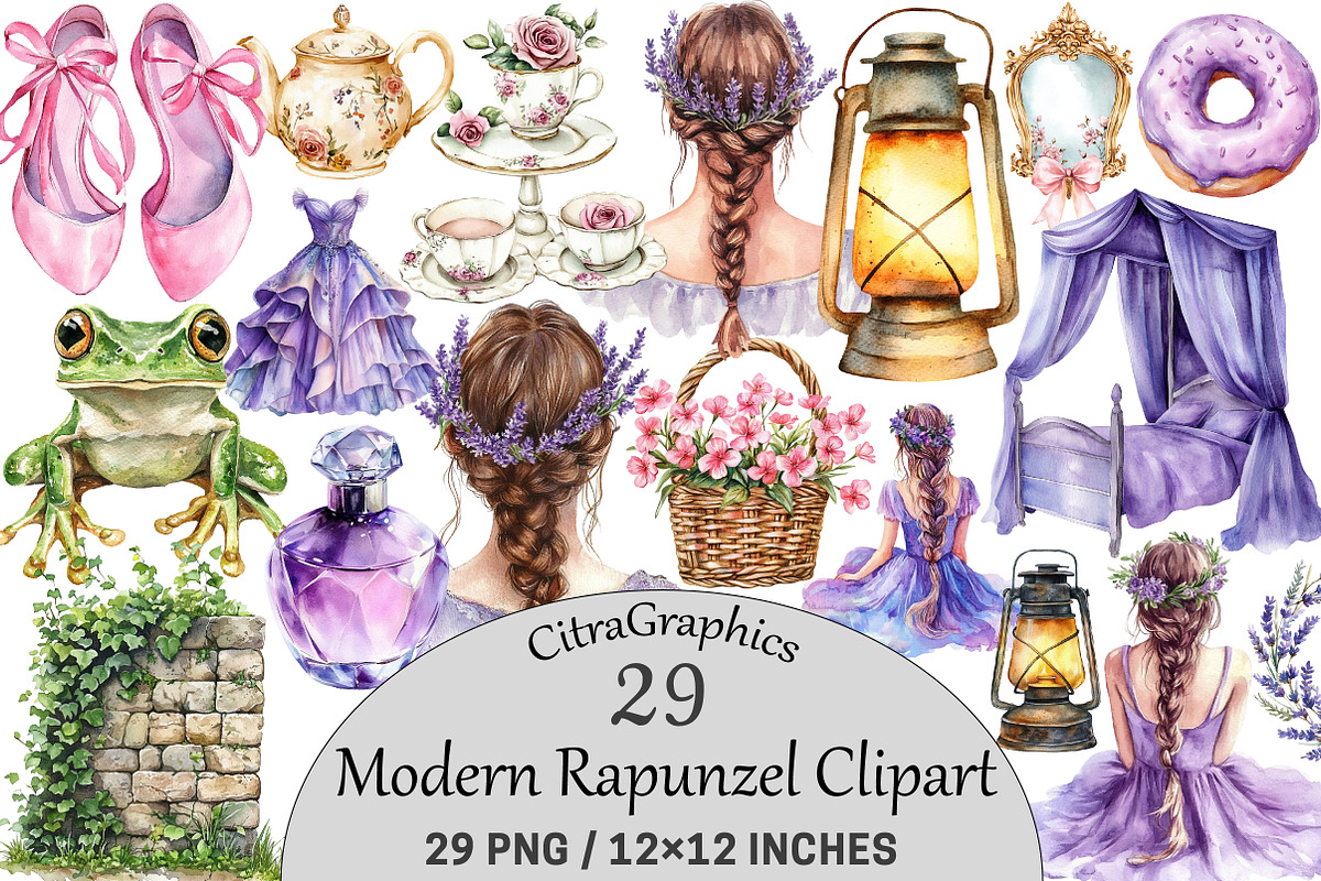 Watercolor Modern Rapunzel Clipart, a Seasonal Illustration by CitraGraphics (Photo 1 of 6)