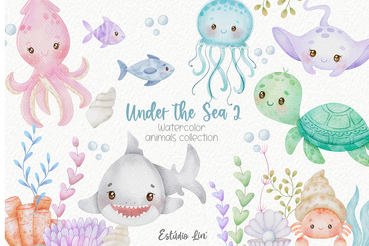 Under the Sea 2 Watercolor Clipart, an Animal Illustration by Estúdio Lin (Photo 1 of 7)