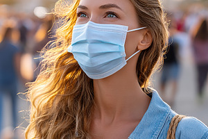 Beautiful woman wearing a mask outdoors at sunset with a crowd in the backdrop, a Person Photo by AlyaAnd