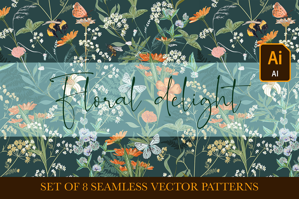 Floral delight vector patterns set, a Pattern Graphic by FleurArt (Photo 1 of 13)