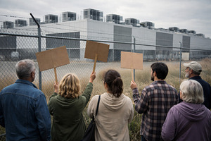 Protesters with signs facing AI data center behind chain-link fe, a Photo by Dvoevnore photos