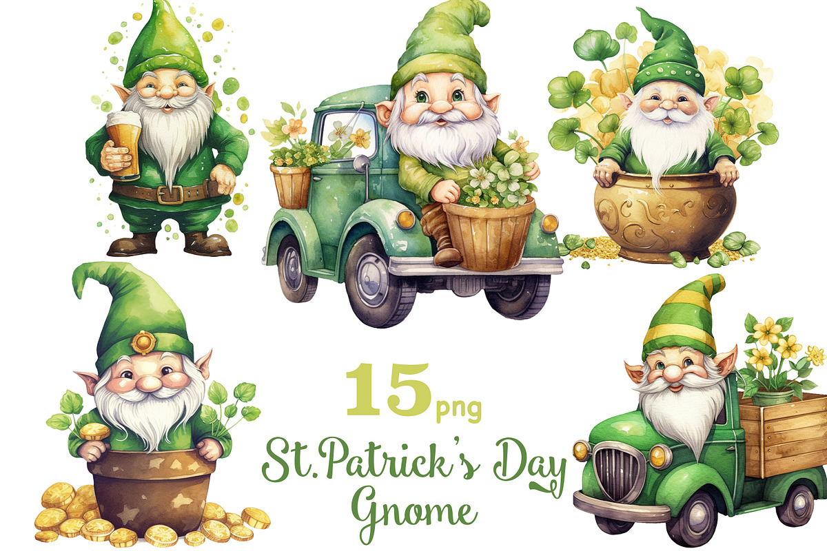St.Patricks Day Gnome PNG Set, a Seasonal Illustration by GlamArtZhanna (Photo 1 of 6)