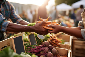 Exchanging fresh carrots at a farmers market, a Food & Drink Photo by AlyaAnd
