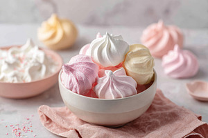 Colorful meringue cookies in a bowl, a Food & Drink Photo by AlyaAnd