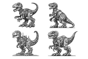 robotic dinosaur engraving set, an Animal Illustration by AlexArt