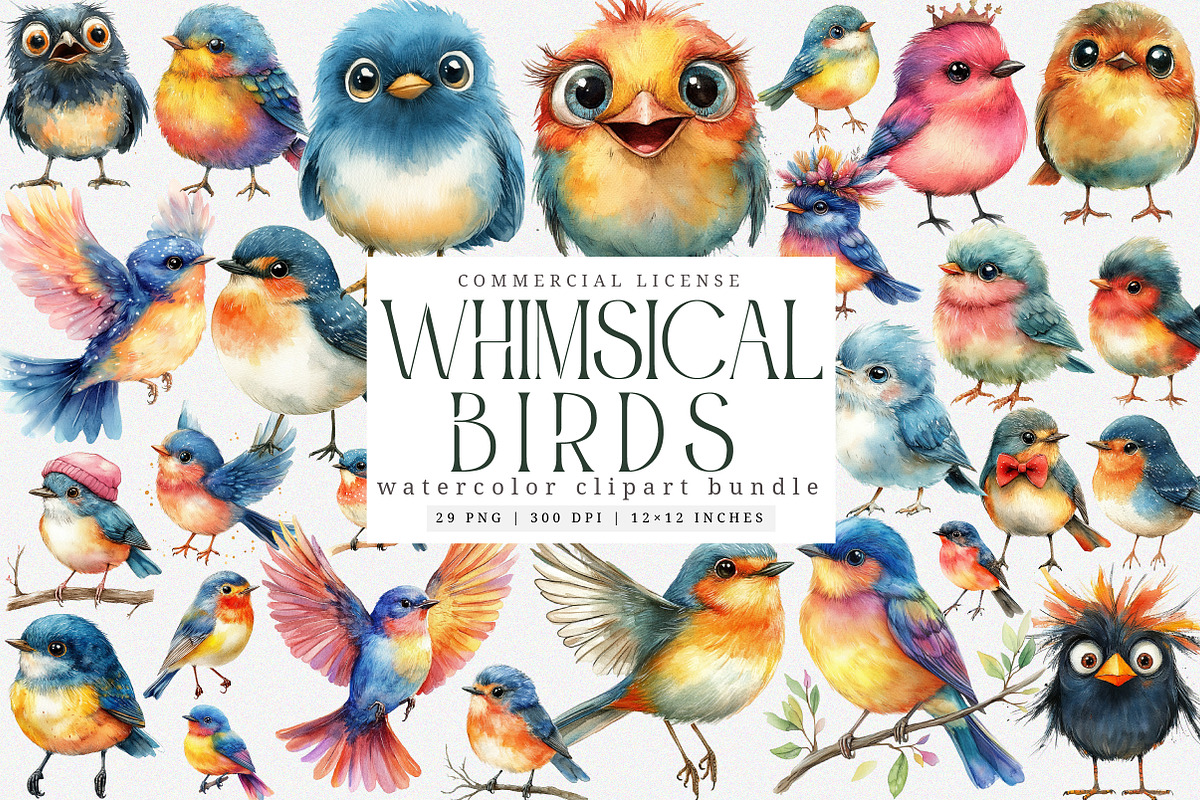 Watercolor Whimsical Bird Clipart, an Illustration by SinaCreation (Photo 1 of 7)