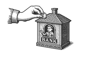 hand inserting coin into bank vector, a Finance Illustration by AlexArt
