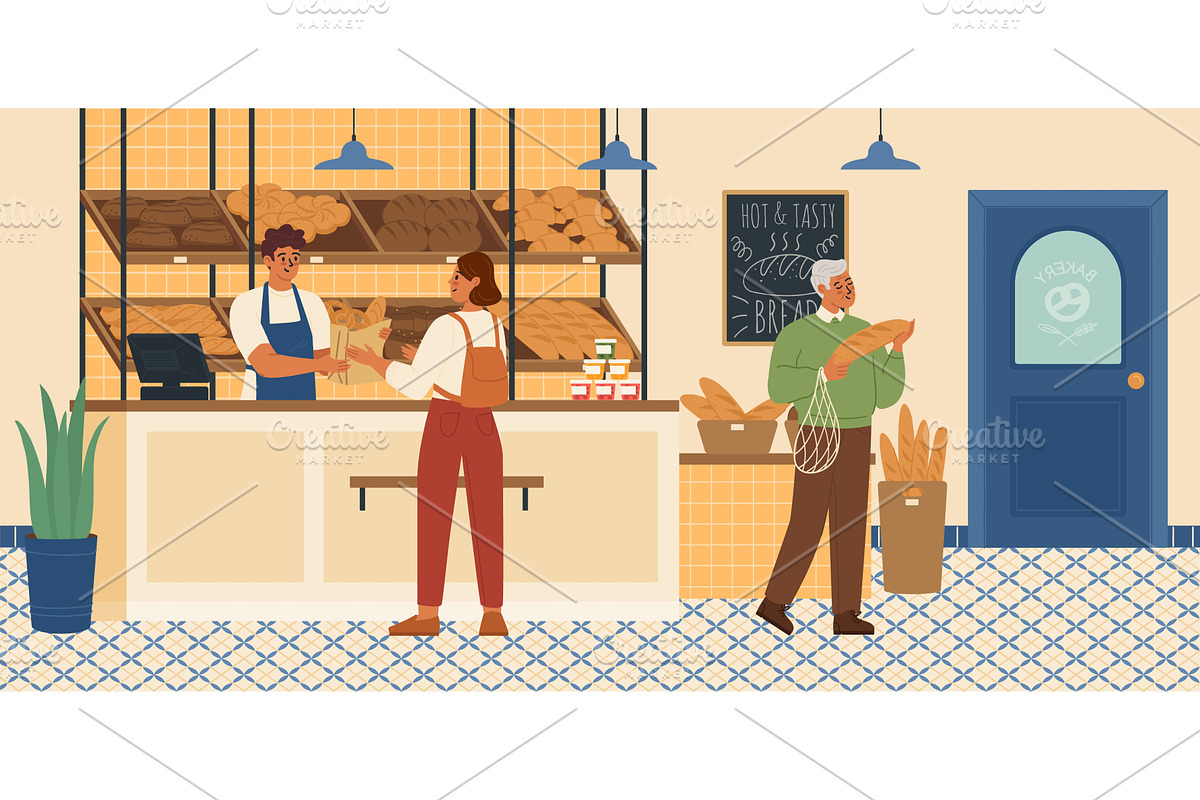 People buying bread at bakehouse, a Person Illustration by vectorpointstudio