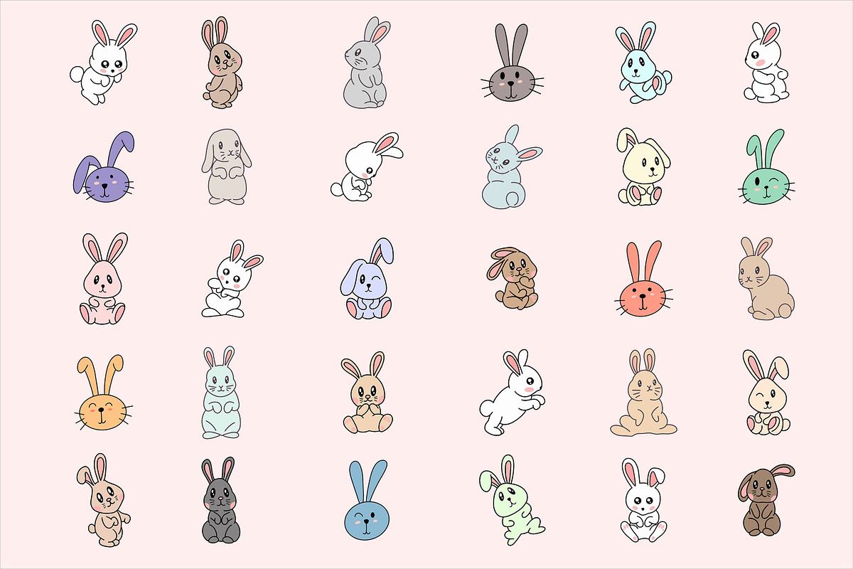 30 Cute Rabbit Bunny pose face ears, an Illustration by Morspective