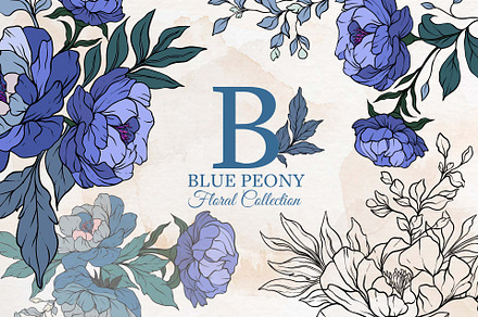 Blue Peony Flowers Set
