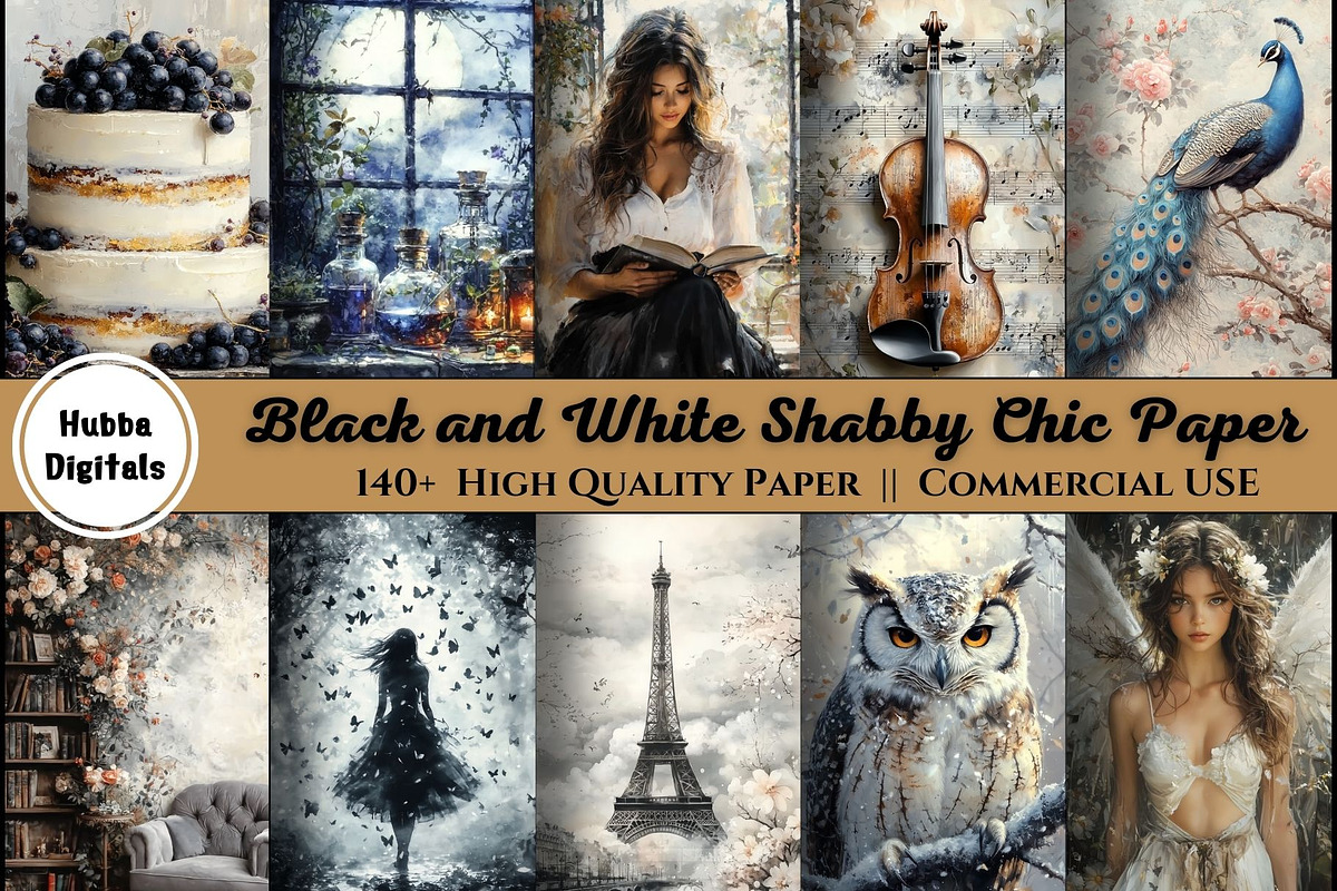 140+ Black and White Shabby Chic Pap, a Decorative Illustration by HubbaDigitals (Photo 5 of 5)