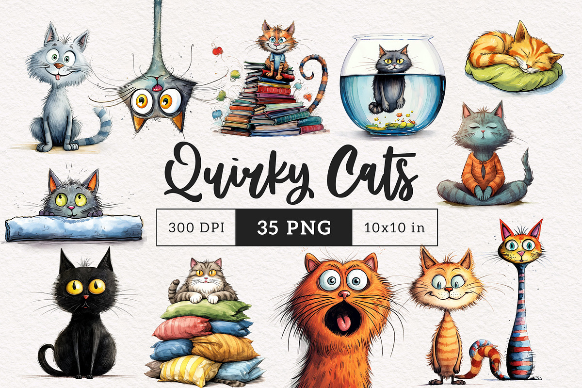 Quirky & Whimsical Cat Clipart Set, an Animal Illustration by PaintPixelCo (Photo 1 of 10)