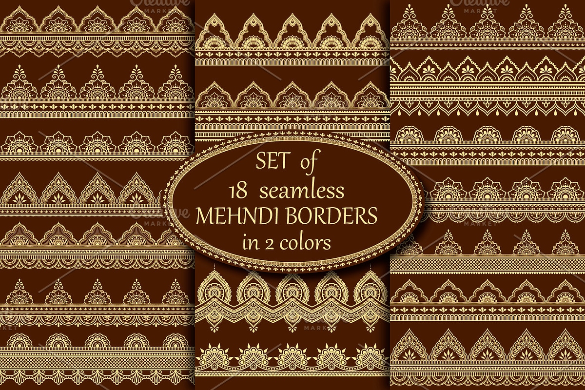 Set seamless Mehndi borders, a Decorative Illustration by Katika Shop