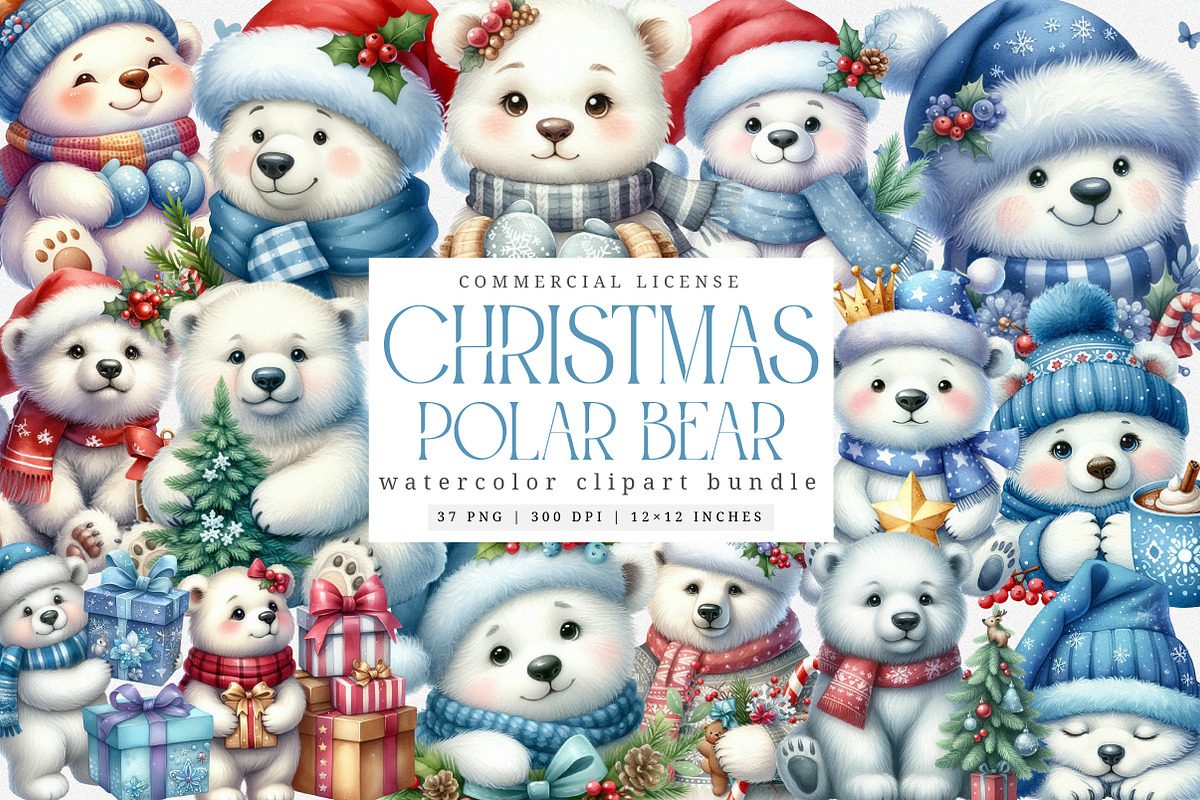 Christmas Polar Bear Clipart Bundle, an Illustration by SinaCreation (Photo 1 of 7)