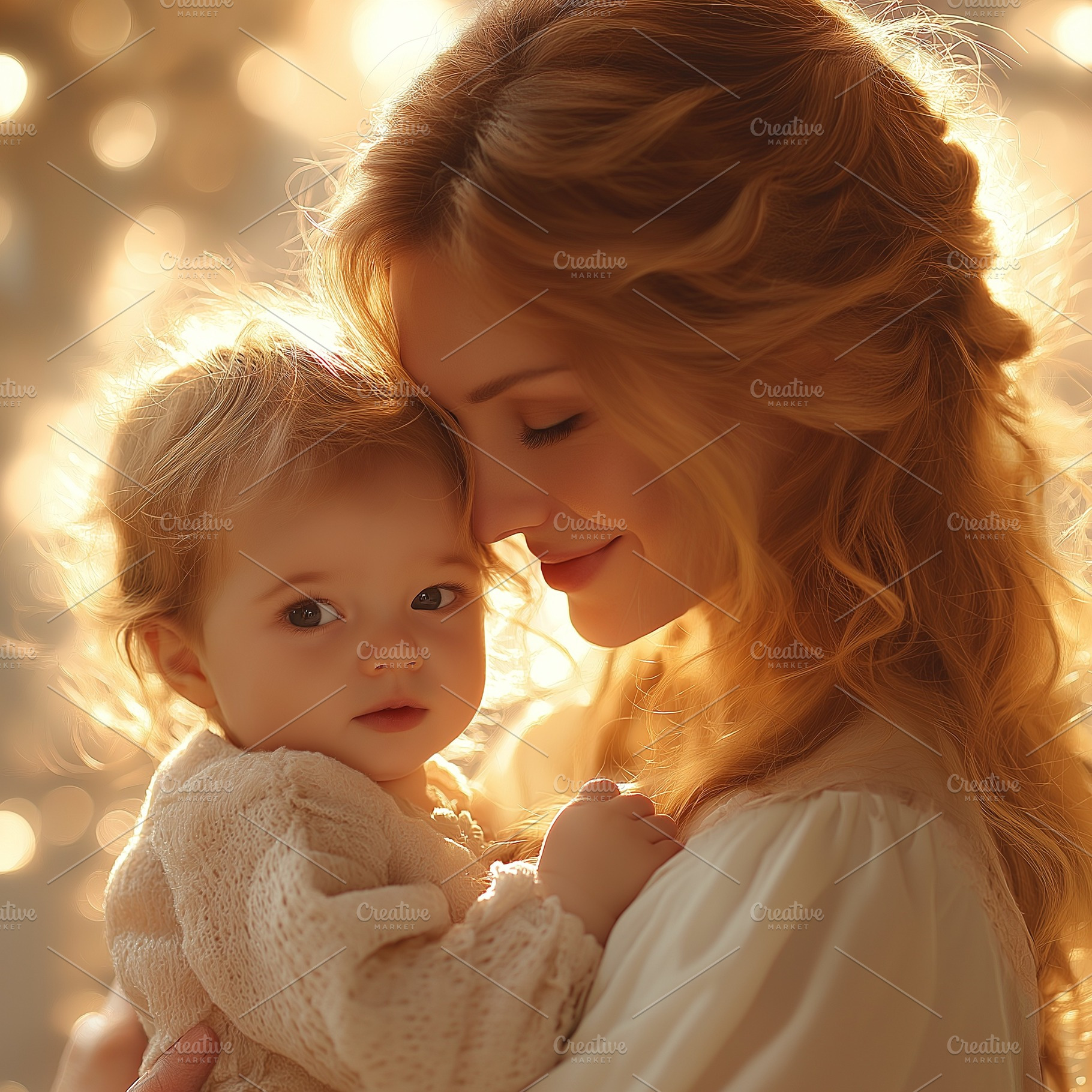 A warm moment between a Caucasian mother and her toddler, embraced in soft gold, a Person Photo by ImageMir