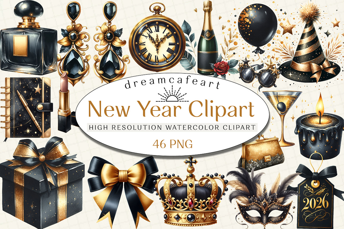 Happy New Year Gold and Black Clipar, an Illustration by DreamCafeArt (Photo 1 of 8)