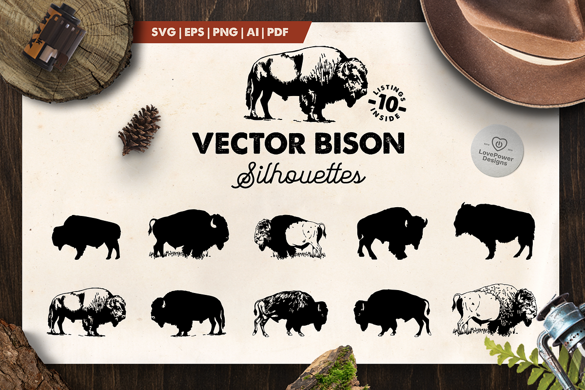 Bison Silhouette | 10 Vector Bison, a Graphic by LovePowerDesigns (Photo 1 of 3)