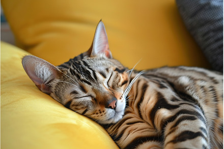 Bengal cat sleeping on yellow sofa, an Animal Photo by Lermont51