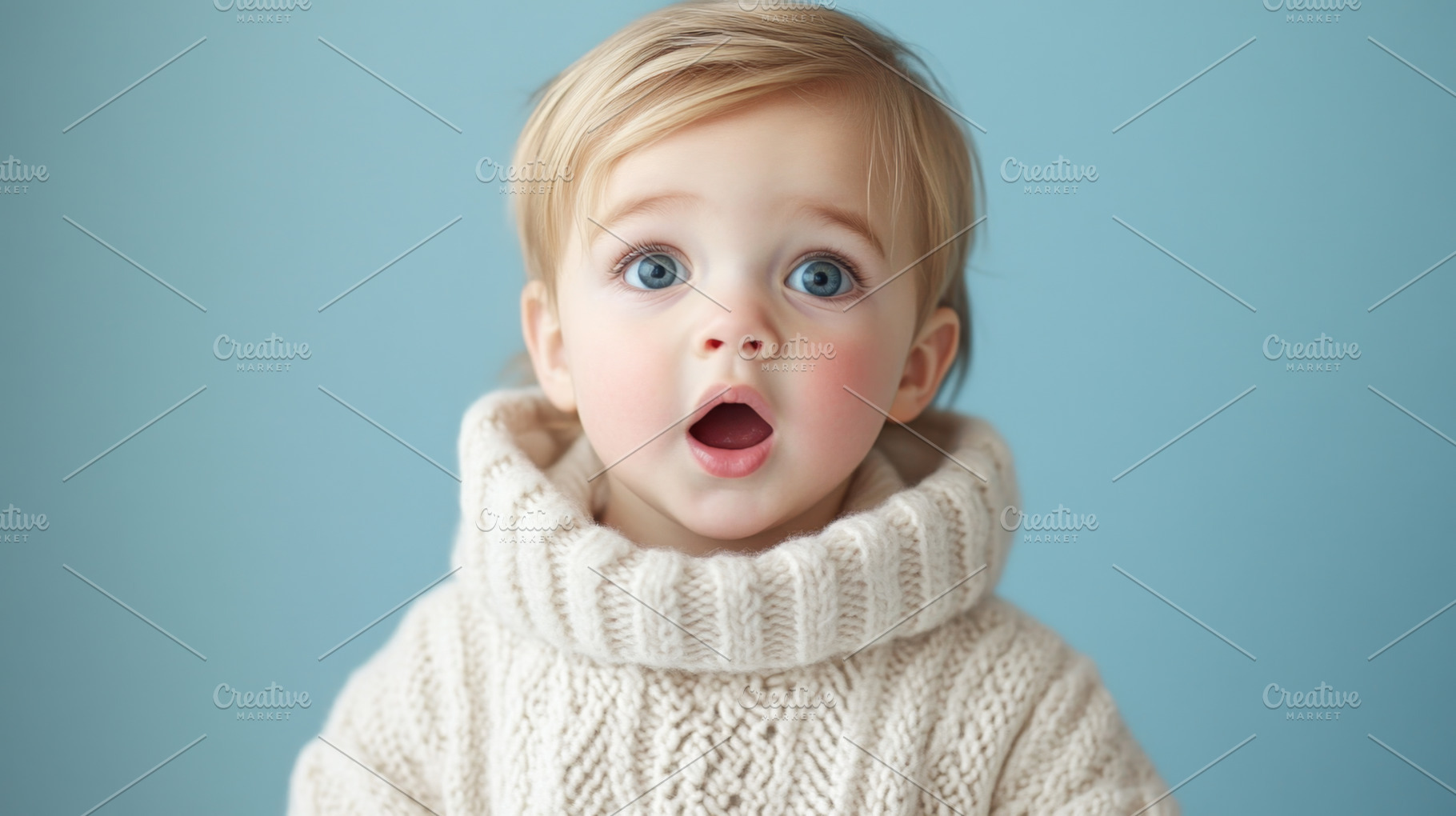 Surprised Toddler in Cozy Sweater on Colorful Background, an Abstract Photo by Natalia Klenova's Shop