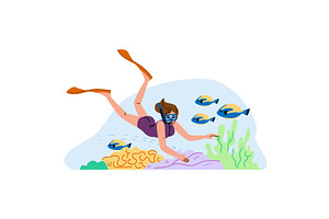 Woman snorkeling exploring, an Illustration by pikepicture