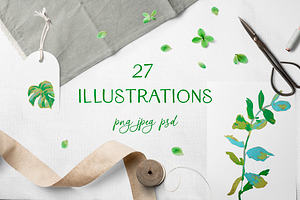 Crayon Botanical Leaves Clipart Set