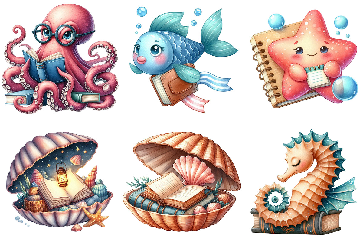 Undersea Reading Clipart, an Illustration by Watercolor design (Photo 3 of 4)