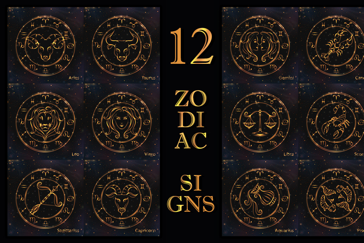 SET / GOLDEN ZODIAC SIGNS / VECTOR, an Animal Illustration by Nadin_Lebedeva (Photo 1 of 17)