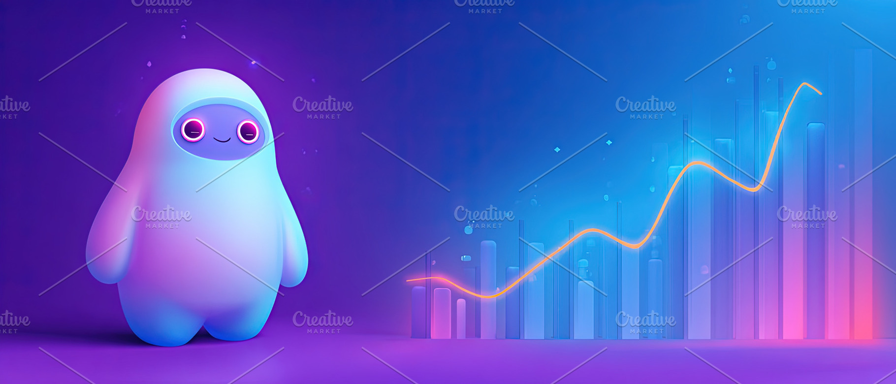Cute AI robot mascot stands beside a vibrant upward graph, symbo, an Abstract Photo by Ales Munt