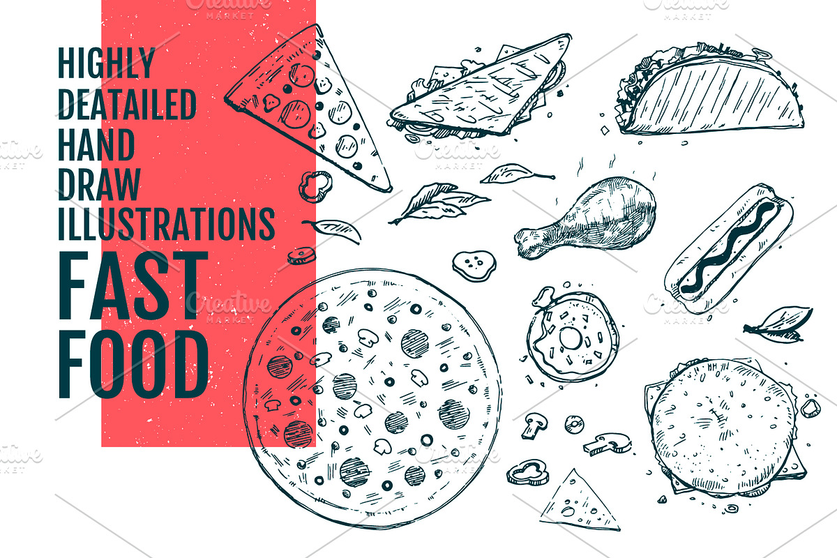 50+ Hand Drawn Fast Food Elements, a Food Illustration by Vitaliy Starkov (Photo 7 of 8)