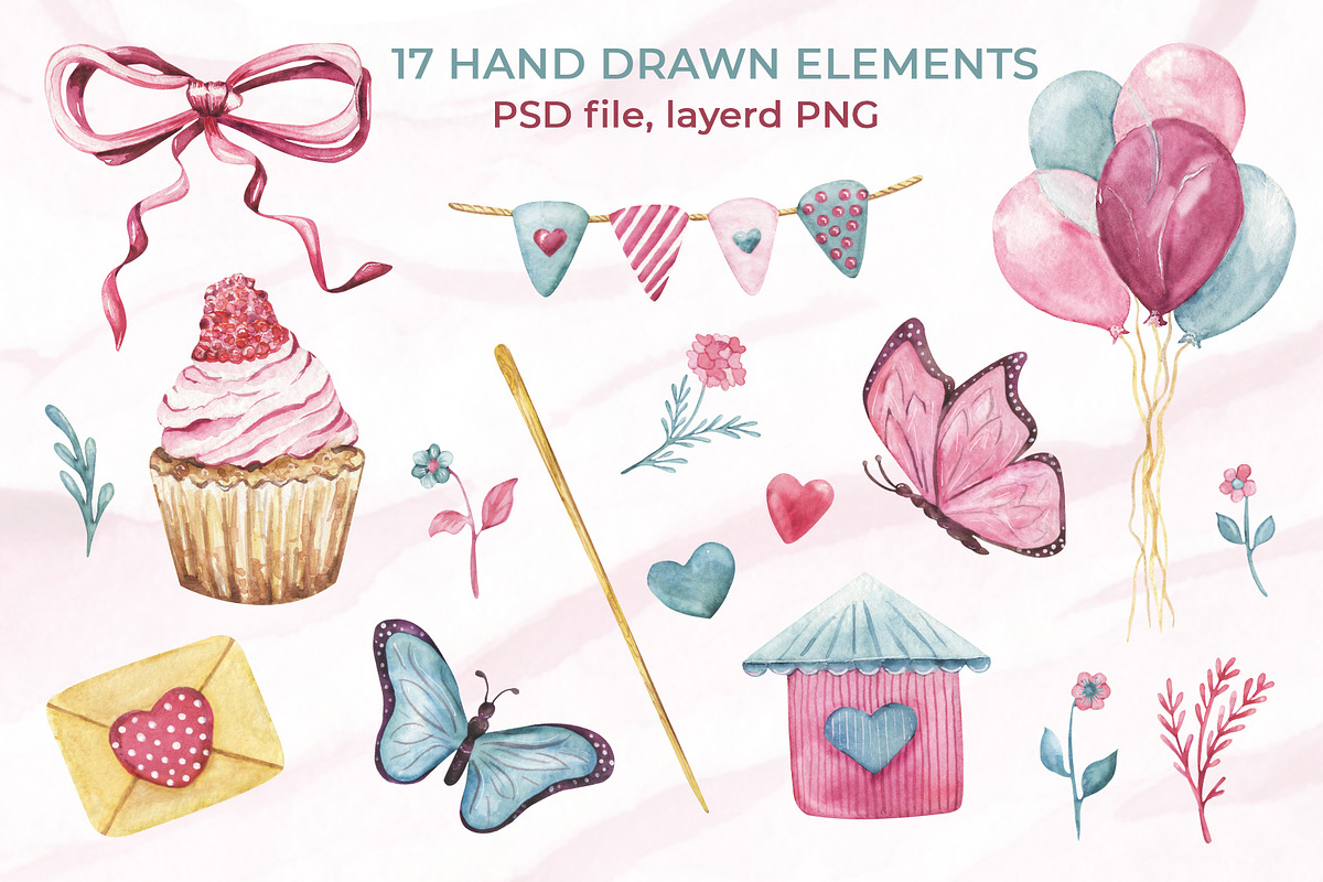 Romantic Watercolor Clipart set, a Decorative Illustration by WatercolorElena (Photo 2 of 11)