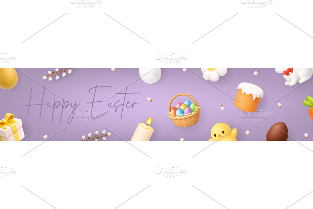 Happy Easter purple banner with 3D, an Object Illustration by GraphiShop
