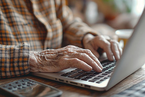 Close-up of an elderly person's hands typing on a laptop, conveying a sense of, a Person Photo by ImageMir