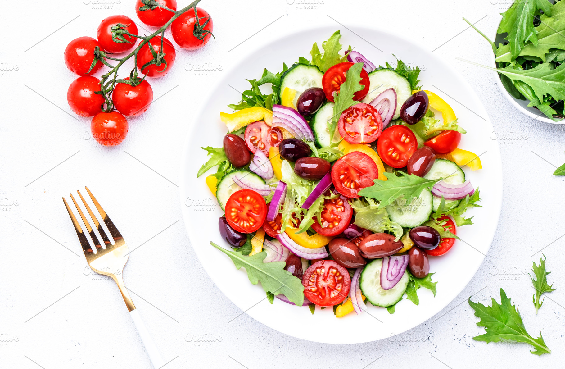 Vegan greek salad with kalamata olives, cherry tomato, yellow pa, a Food & Drink Photo by 5PH