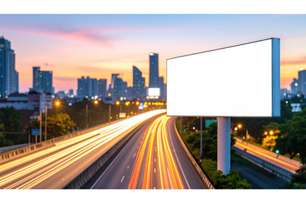 Highway billboard under twilight sky