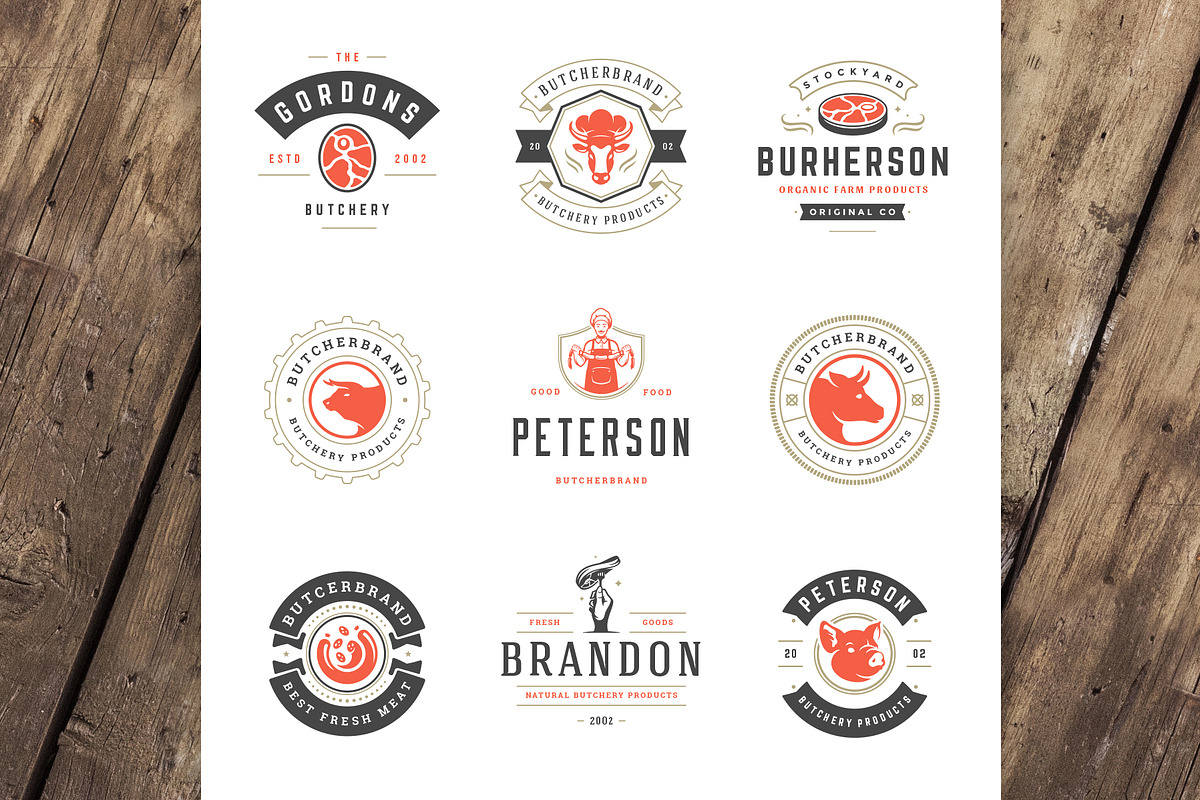 18 Meat Food Logos and Badges, a Branding & Logo Template by Vasya Kobelev (Photo 4 of 12)